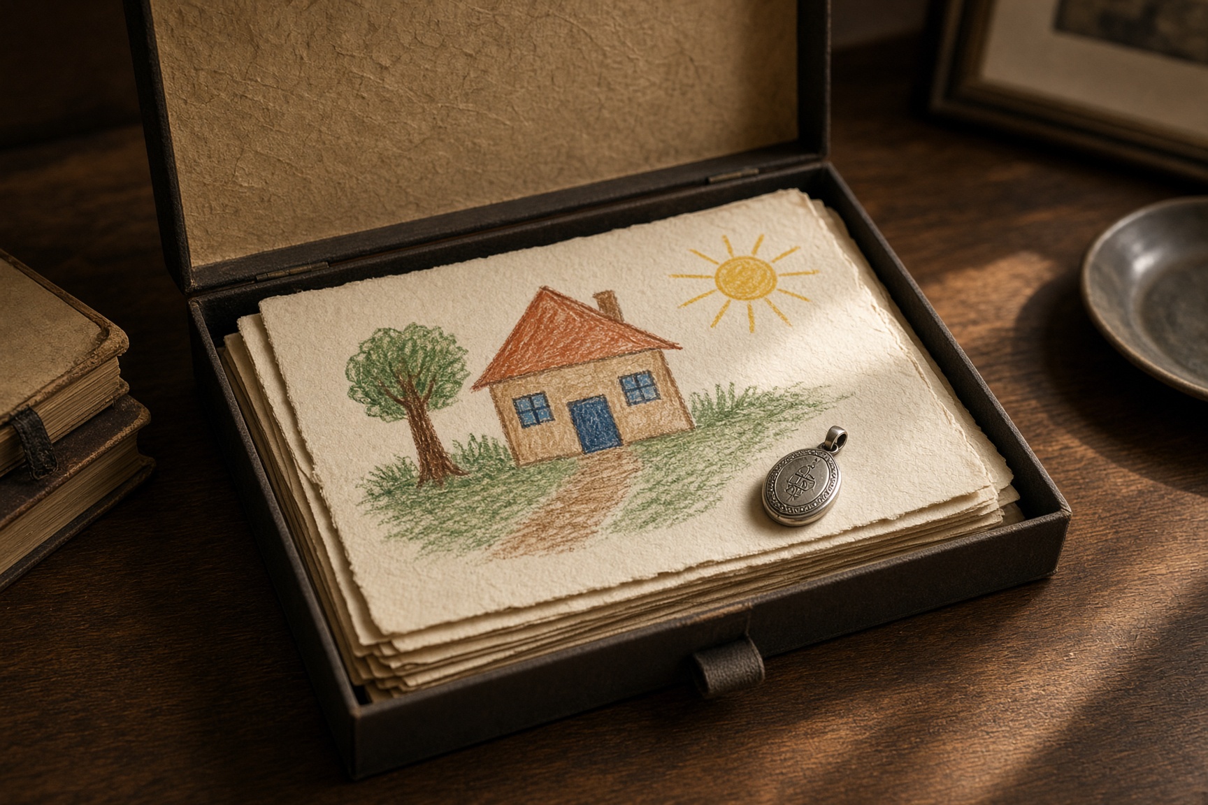 An archival box of drawings and a silver pendant