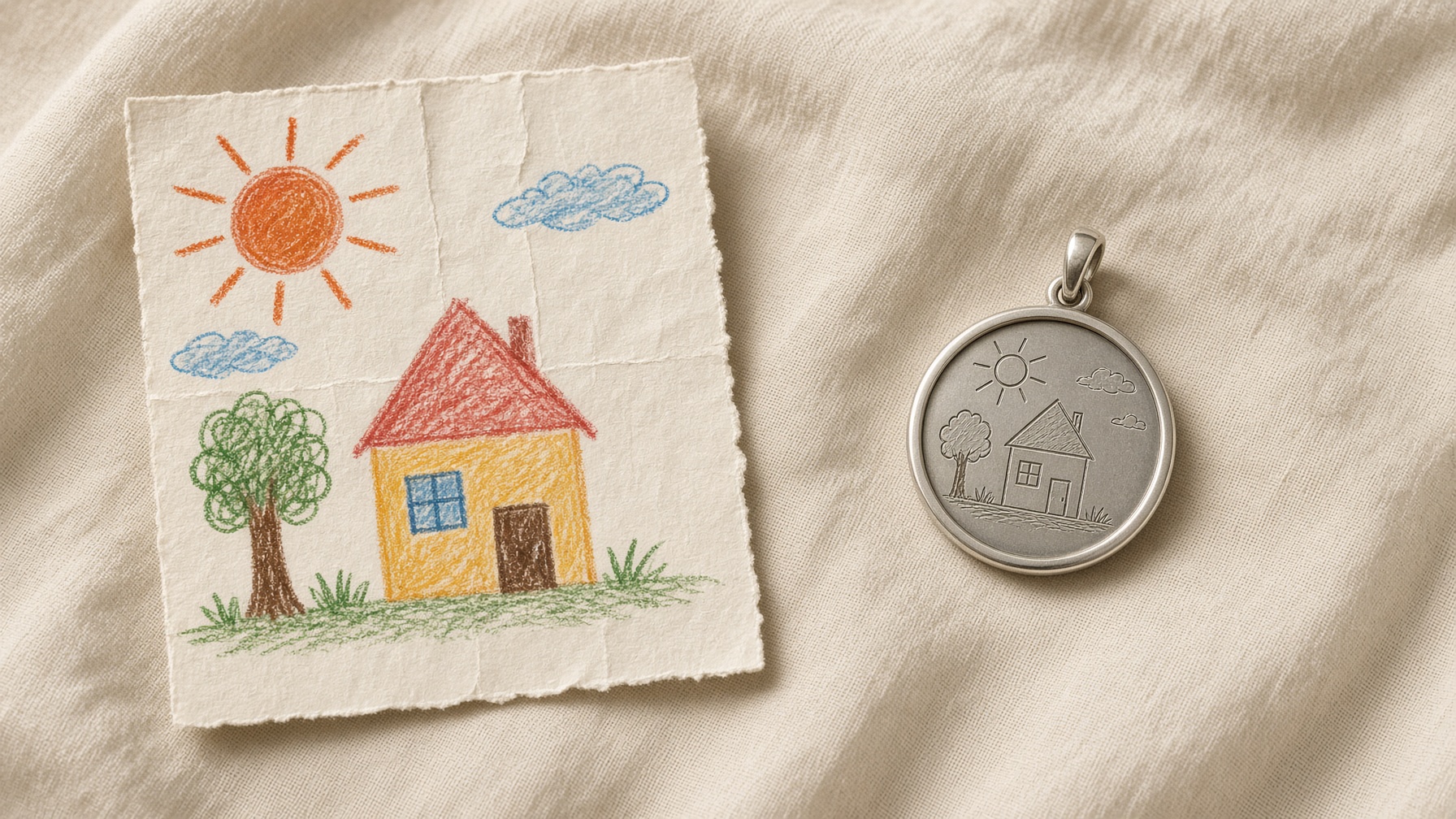 A finished silver pendant lying beside the original drawing