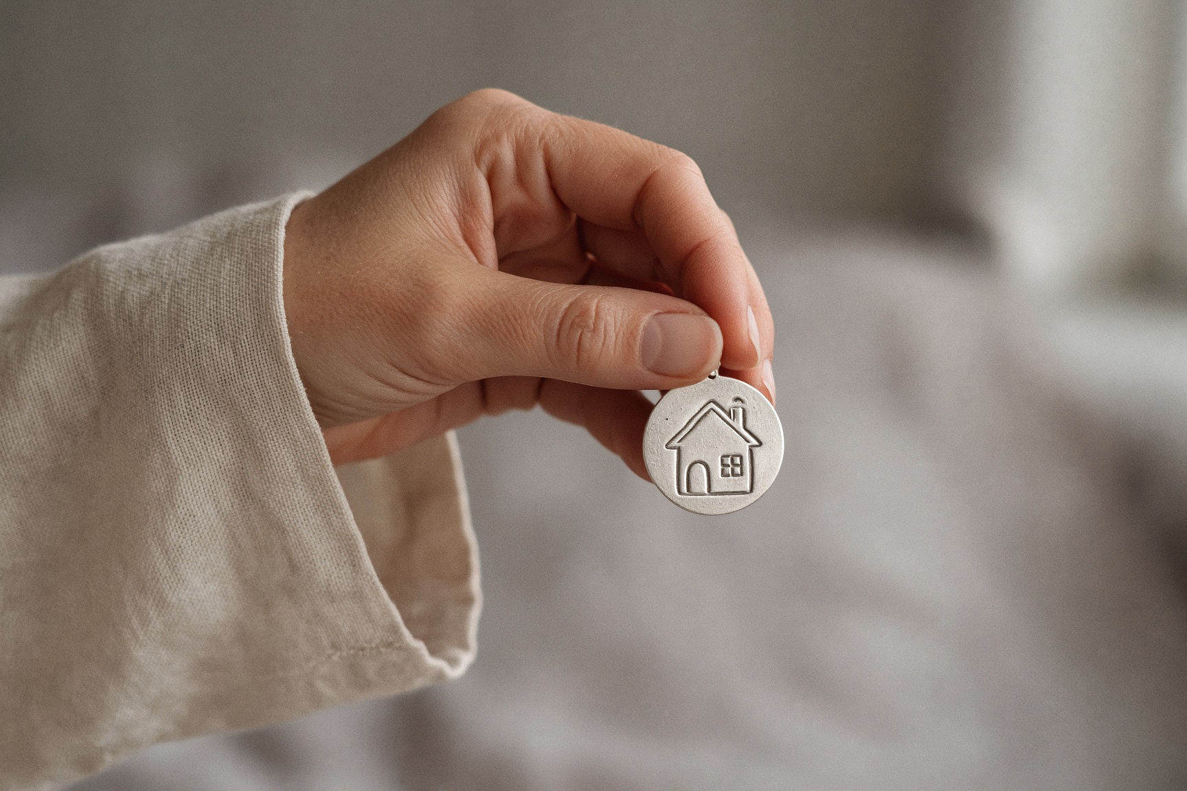 A hand holding a silver pendant