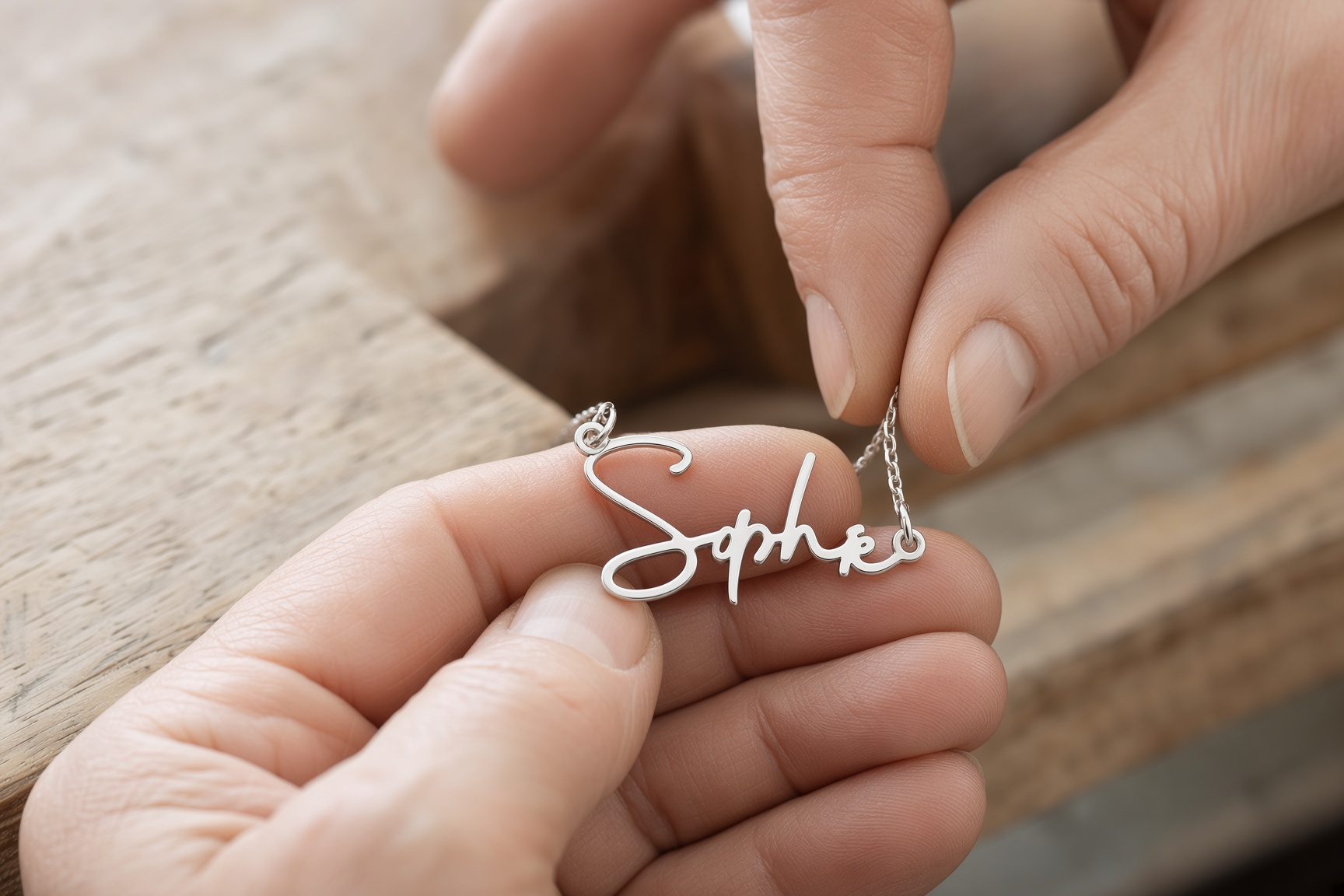 Jeweller refining Sophie’s freestanding silver handwriting necklace